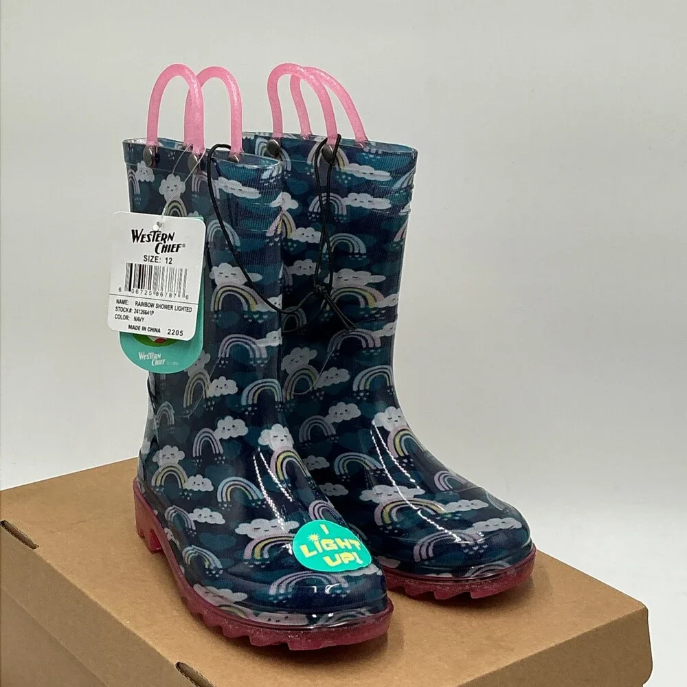 Western Chief Rainbow Shower Lighted Rain Boots Kids 12 Navy Waterproof Eby4449